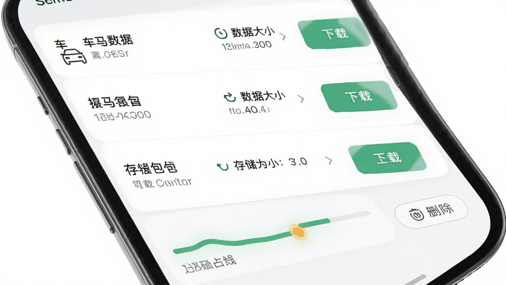 新马配离线缓存设置界面,主体为手机屏幕显示数据包下载列表与缓存进度条,布局为纵向列表,排版每行包含车型名称、数据大小与下载按钮,风格素雅极简,细节包含离线图标、存储占用提示与删除选项,画质高清,干净,无多余元素