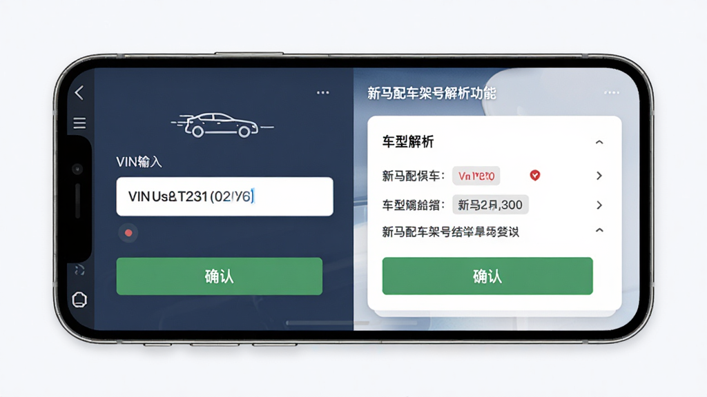 新马配车架号解析功能界面,主体为手机屏幕显示VIN码输入框与解析后的车型信息卡片,布局上下分布,排版左侧为输入区右侧为结果区,风格简洁商务,细节包含车辆轮廓图标、数据标签与确认按钮,画质高清,干净,无多余元素