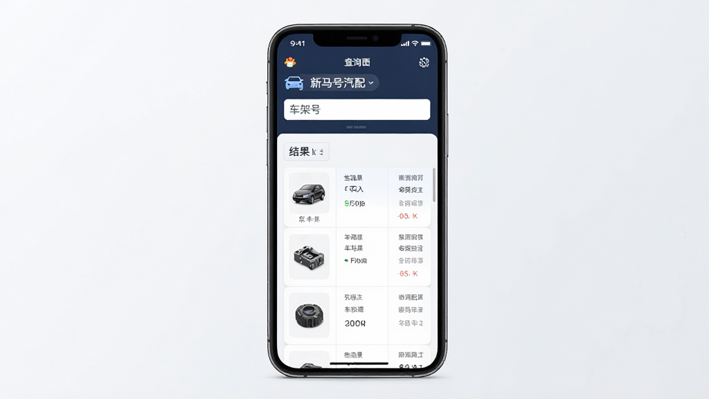 新马配汽配查询软件主界面展示,主体为手机屏幕中显示车架号输入框与配件列表,布局采用居中构图,排版清晰分为查询区与结果区,风格为现代简约科技风,细节包含车辆图标、配件缩略图与数据表格,画质高清,干净,无多余元素