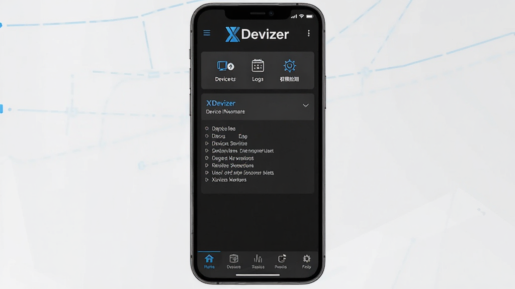 一张展示XDevizer软件主界面的手机应用截图,画面中央是深色主题的软件操作面板,顶部显示XDevizer标识,中部排列设备信息、日志查看、权限检测等功能入口,底部为导航栏,整体风格简洁科技感,布局清晰,画质干净,无多余元素