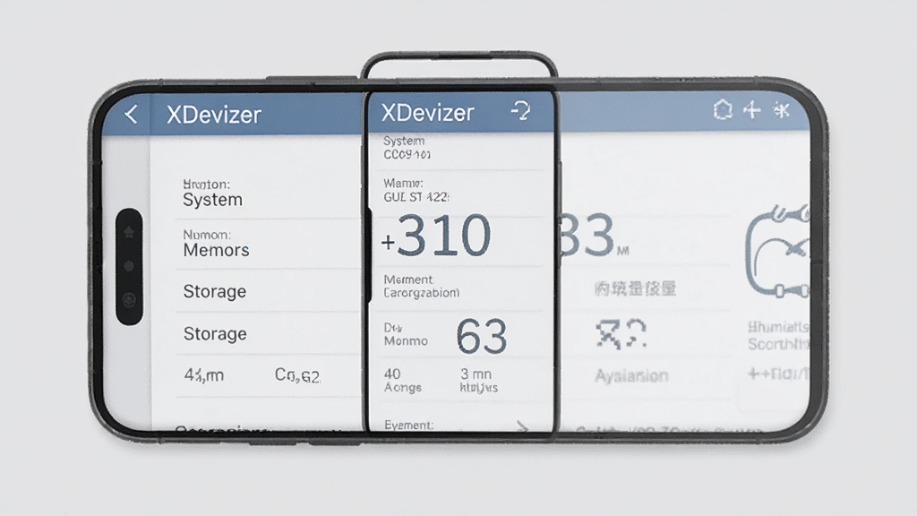 一张XDevizer软件设备信息页面的视觉展示图,画面中手机屏幕显示系统版本、内存容量、存储空间等数据列表,背景为浅灰色,界面排版整齐,风格简约商务,画质清晰干净