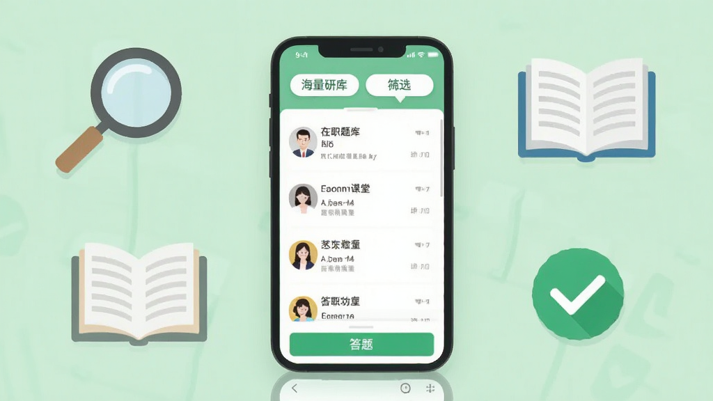 在职研课堂海量题库功能展示,画面中央为手机屏幕显示题目列表与答题界面,屏幕上方有筛选按钮,周围散落着放大镜、书本、对勾图标,背景为浅绿色,风格简约扁平,排版整齐有序,画质清晰通透,干净无杂乱元素