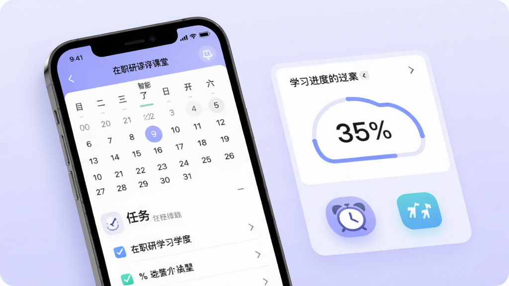 在职研课堂智能学习计划界面,手机屏幕显示日历视图与任务清单,图表展示学习进度百分比,旁边有闹钟和打卡图标,背景为淡紫色渐变,风格现代科技感,排版清晰,画质细腻,无多余装饰