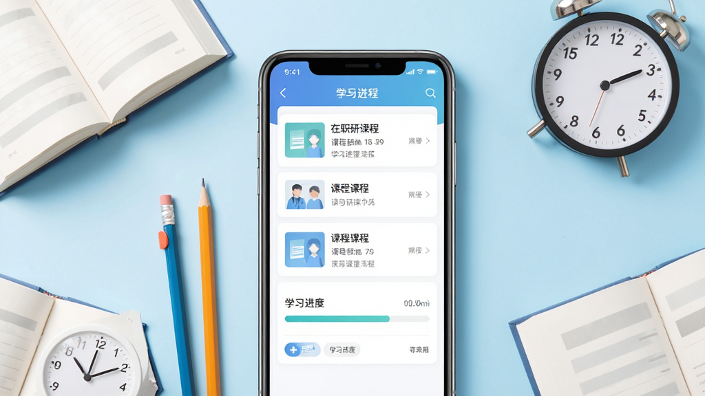 在职研课堂软件主界面展示,画面中央放置一部智能手机,手机屏幕上显示课程列表与学习进度条,周围环绕书本、铅笔、时钟等学习元素,背景为淡蓝色渐变,整体风格清新简洁,排版居中对称,细节清晰,画质干净明亮,无多余元素