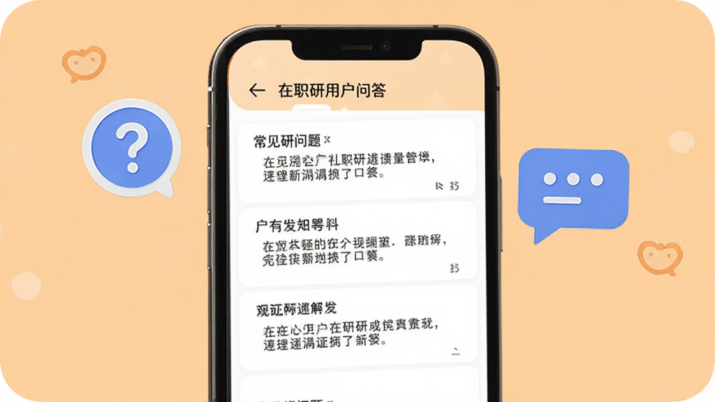 在职研课堂用户问答界面展示,手机屏幕显示常见问题列表与解答内容,旁边有问号图标和对话框元素,背景为浅橙色,风格亲切友好,排版清晰易读,画质干净,无多余装饰