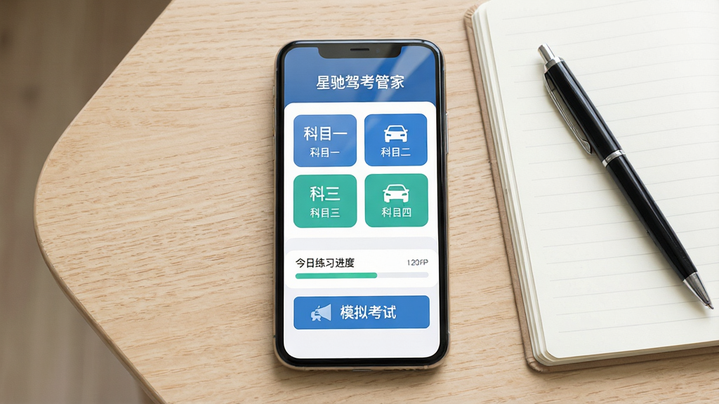 一张手机屏幕展示驾考刷题界面的场景图,主体是一部竖屏智能手机,屏幕中央显示“星驰驾考管家”应用主界面,界面包含科目一、科目二、科目三、科目四四个功能入口按钮,按钮下方有今日练习进度条和模拟考试快捷入口,手机放置在一张浅色木质桌面上,旁边放着一本翻开的笔记本和一支黑色签字笔,布局采用居中构图,风格为清新写实数码产品展示风,细节上手机屏幕有轻微反光,界面UI干净整洁,画质为高清1080P,画面干净无多余元素