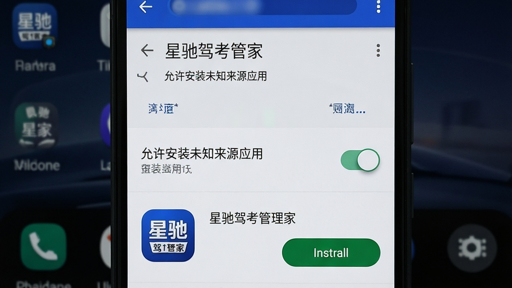 一部手机展示“星驰驾考管家”安装权限设置界面,主体为手机竖屏特写,屏幕显示安卓系统“允许安装未知来源应用”的权限开关页面,开关处于开启状态,页面下方有“星驰驾考管家”应用图标和安装按钮,手机背景为深色桌面,布局为居中产品特写构图,风格为数码教程截图风,细节上界面文字清晰可辨、开关状态明显,画质高清,画面干净无多余元素
