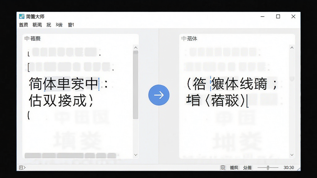 一张简洁现代的软件界面展示图,画面中央是简繁大师软件的主窗口,左侧显示简体中文输入区域,右侧显示繁体中文输出区域,中间有转换箭头按钮,窗口采用浅色主题,布局清晰,排版整洁,风格简约商务,细节包含菜单栏和状态栏,画质高清,画面干净,无多余元素
