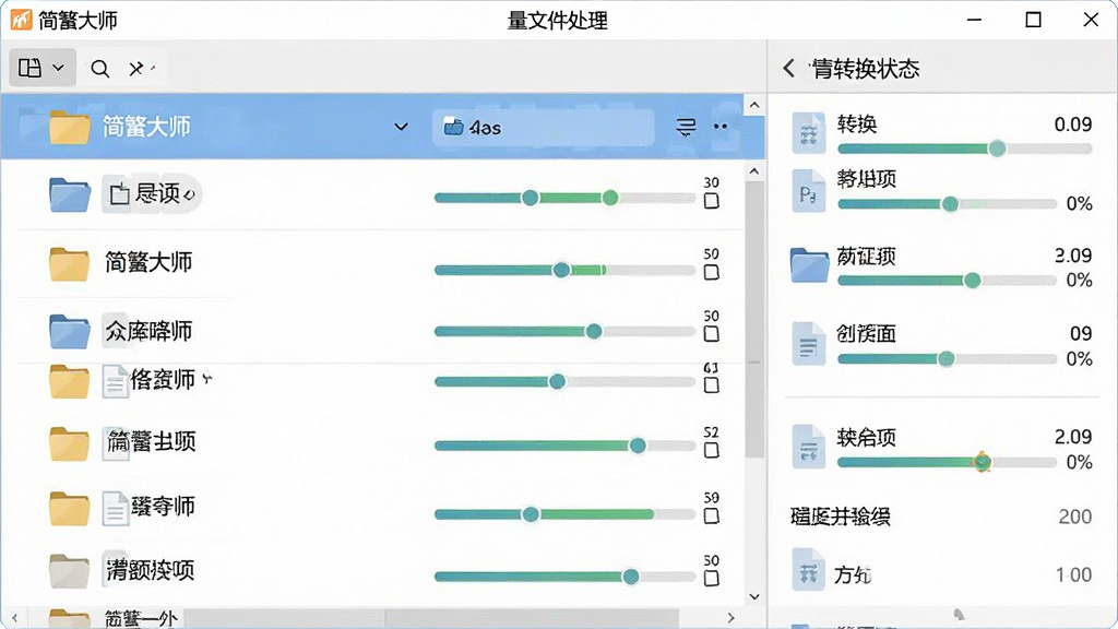 一张展示简繁大师批量文件处理功能的场景图,画面中简繁大师软件界面上显示多个文件列表,每个文件旁边有进度条,整体布局为左侧文件列表右侧转换状态,风格为扁平化设计,细节包含文件夹图标和进度指示,画质高清,画面干净,无多余元素