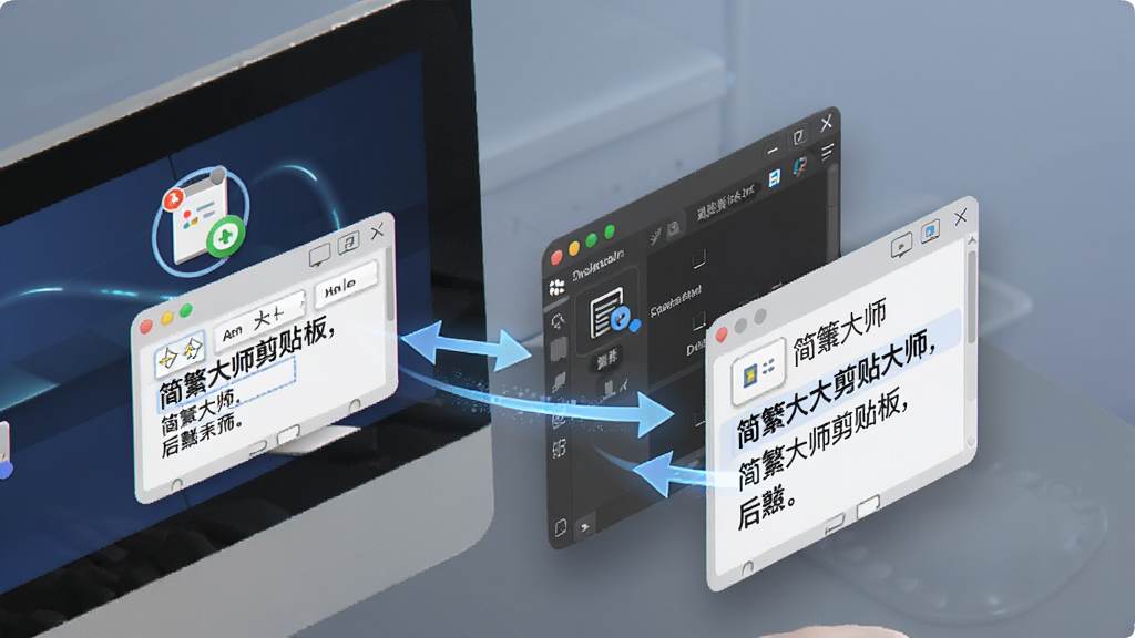 一张展示简繁大师剪贴板即时转换功能的示意图,画面中显示电脑屏幕一角有剪贴板图标和简繁大师悬浮窗,文字从剪贴板流入软件再流出转换后的文字,布局为对角线构图,风格为现代科技感,细节包含光效和箭头指示,画质高清,画面干净,无多余元素