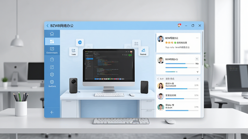 软件主界面全景展示,画面中央是“BZWB网络办公”的浅蓝色工作台窗口,左侧为垂直功能导航栏,右侧为任务卡片与消息列表,背景是干净的现代办公室桌面,风格简约商务,细节包含图标、头像与进度条,画质清晰,干净,无多余元素