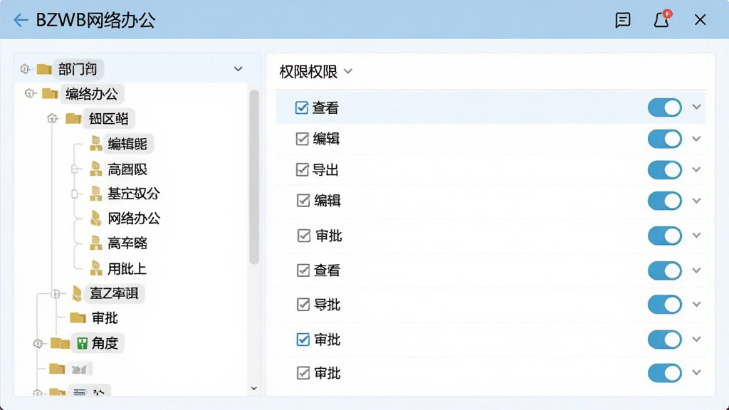 画面展示“BZWB网络办公”的权限设置面板,左侧是部门树形结构,右侧是权限勾选列表,包含查看、编辑、审批、导出等选项,界面配色为浅蓝与白色,风格严谨专业,细节包含角色标签与开关按钮,画质清晰,干净,无多余元素