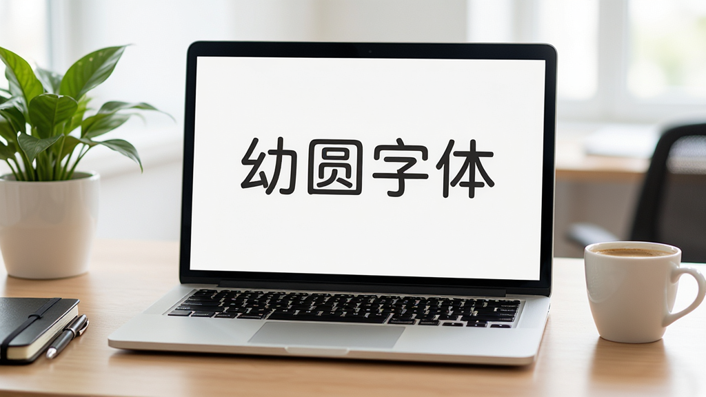 主体是一台打开的笔记本电脑,屏幕上显示着用幼圆字体设计的中文海报,文案为“幼圆字体”,布局为居中展示,排版简洁大方,风格为现代办公桌面场景,细节包括木质桌面、绿植、笔记本旁放着一杯咖啡,画质清晰明亮,干净无多余元素