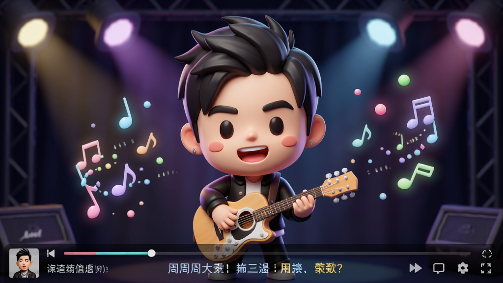 一张3D卡通周杰伦桌面主题的动态屏保效果预览图,画面中Q版周杰伦在舞台上弹吉他,周围环绕着彩色灯光和音符粒子效果,屏幕下方显示歌曲进度条和歌词字幕,背景为深色舞台场景,画风为萌系3D卡通渲染,人物表情生动可爱,画面充满动感,高清画质,干净无多余元素