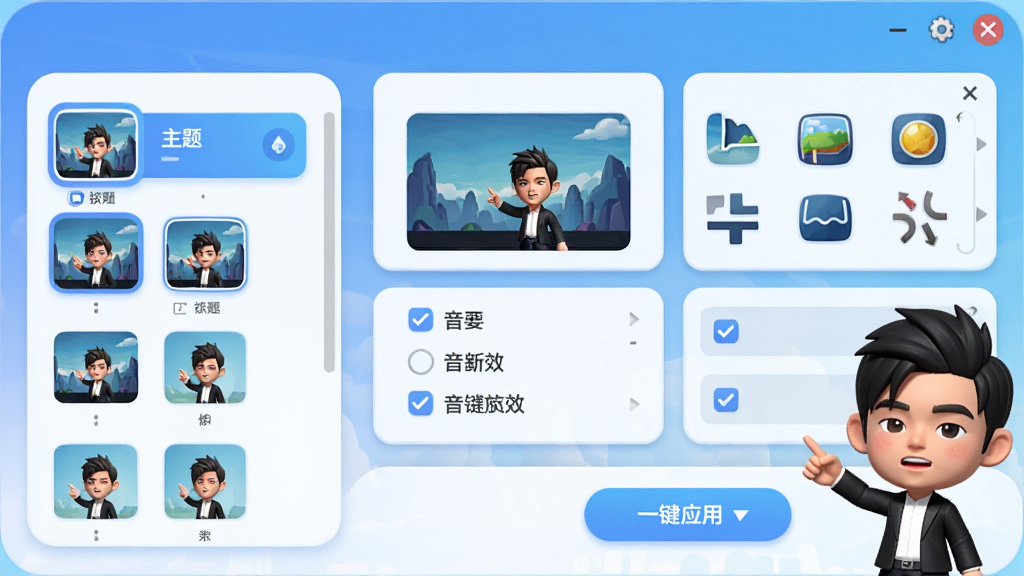 一张3D卡通周杰伦桌面主题的软件操作面板截图,面板左侧显示主题包列表缩略图,右侧显示壁纸、图标、音效、屏保等模块的勾选选项,底部有一键应用按钮,面板整体采用圆角卡片式设计,配色为蓝白渐变,界面简洁直观,画面中带有Q版周杰伦卡通小助手在角落指引操作,高清画质,干净整洁