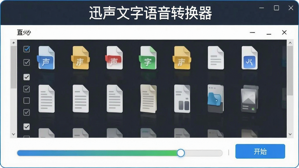 一张展示迅声文字语音转换器批量处理功能的示意图,画面中央是文件列表区域,多个文件图标排列整齐,下方是进度条和开始按钮,窗口上方有
