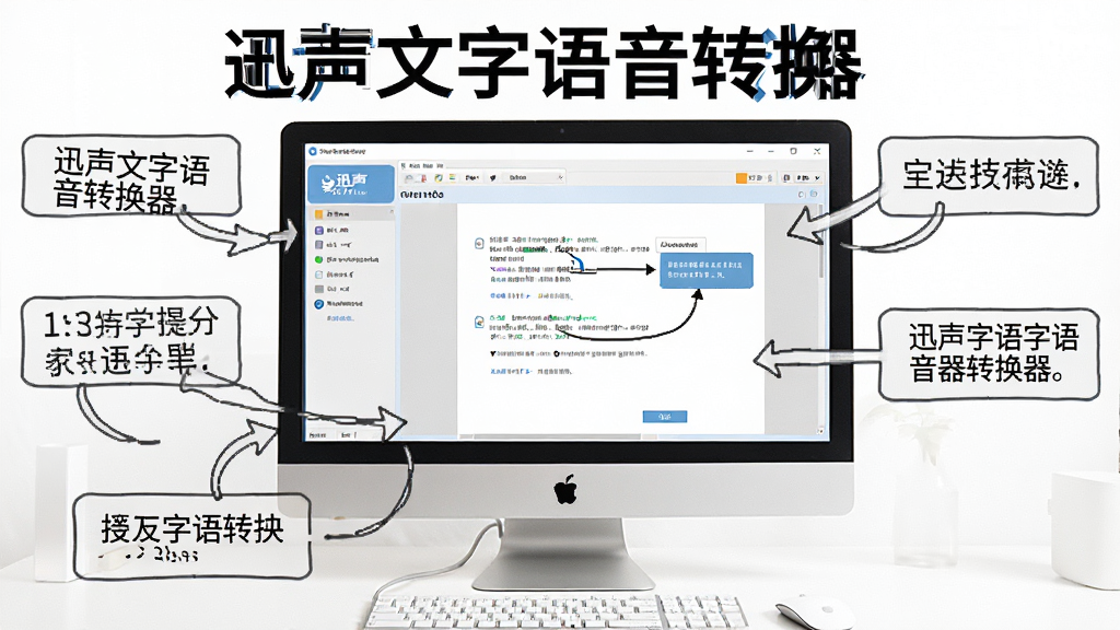 一张展示迅声文字语音转换器使用技巧的场景图,画面中央是电脑屏幕,屏幕上显示软件界面和操作步骤标注,旁边有提示文字框和箭头指引,画面中带有
