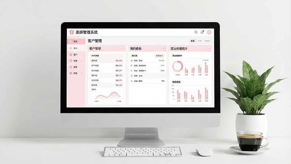 一张展现美妍管理系统软件界面的全景图,画面中央是电脑屏幕,屏幕中显示美妍管理系统的客户管理、预约看板与营业数据统计三大模块,界面以白色与浅粉色为主色调,屏幕右侧摆放着一盆绿植与一杯咖啡,桌面整洁,整体布局为横向宽幅构图,风格为现代商务科技风,细节上屏幕内文字清晰可见“美妍管理系统”字样,画质高清,画面干净,无多余元素