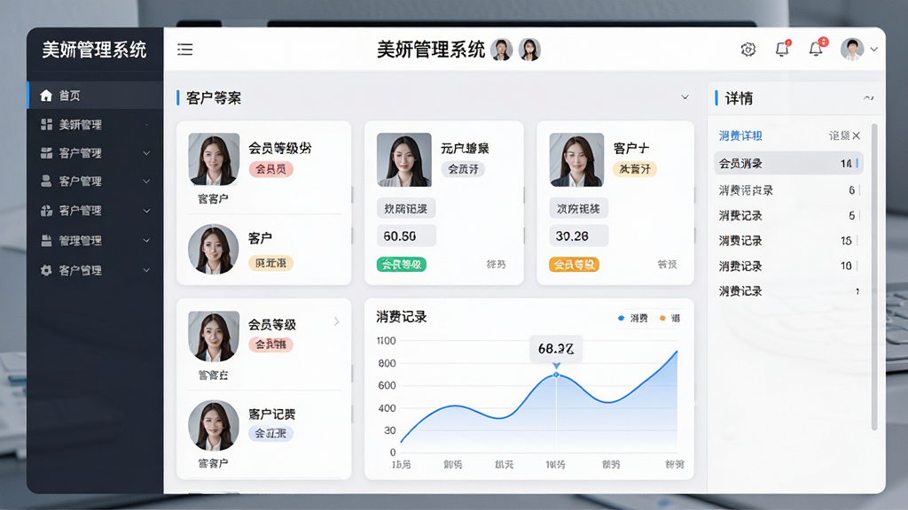 一幅AI生图,画面主体为美妍管理系统的客户档案管理界面,界面中展示客户头像列表、会员等级标签与消费记录曲线图,布局为左侧导航栏、中间客户卡片、右侧详情面板的三栏结构,排版整齐,风格为简约科技商务风,细节上界面顶部有“美妍管理系统”标题文字,画质清晰,画面干净,无多余元素