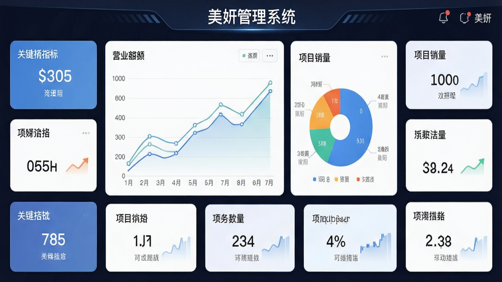 一幅AI生图,画面展示美妍管理系统的数据看板界面,画面中央是营业额折线图与项目销量饼图,四周环绕关键指标数字卡片,布局为仪表盘式排版,风格为现代数据可视化商务风,细节上图表上方有“美妍管理系统”标题,画质高清,画面干净,无多余元素