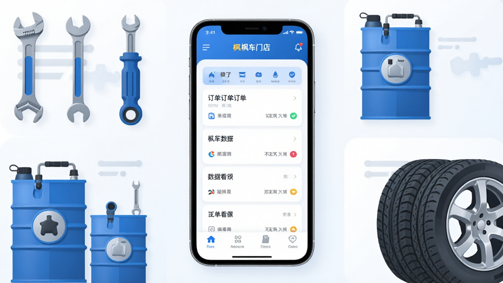 画面主体是一部智能手机,屏幕显示“枫车门店”应用界面,包含订单列表与数据看板,布局居中,周围环绕汽车维修工具、机油桶、轮胎等元素,排版简洁,风格为扁平化科技风,细节上突出蓝色主色调与图标质感,画质高清,干净,无多余元素