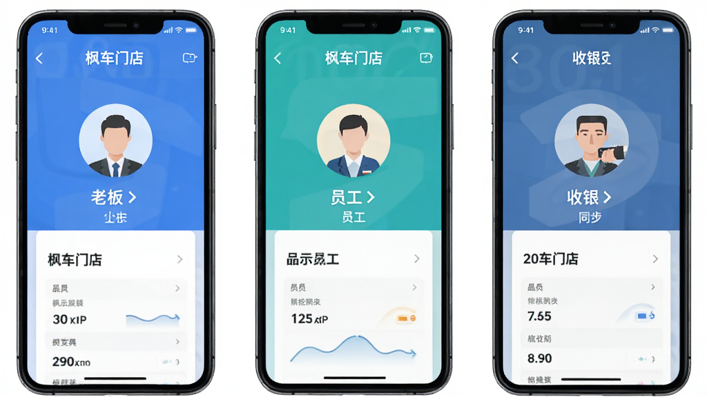 画面主体是多部手机展示“枫车门店”不同角色界面,布局为横向排列,排版展示老板、员工、收银三个端口,风格为扁平化商务风,细节上突出角色图标与数据同步箭头,画质高清,干净,无多余元素