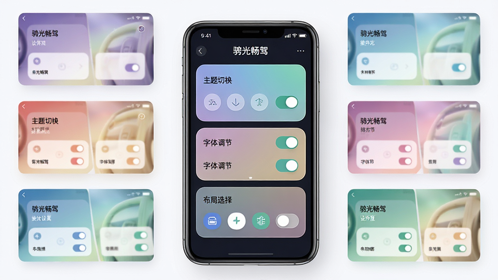骋光畅驾个性化设置界面展示,画面中央为骋光畅驾应用设置页面,屏幕显示主题切换、字体调节、布局选择等选项,周围环绕不同配色方案的小屏幕预览图,布局为网格状排列,风格为柔和圆角卡片设计,细节包括清晰的选项文字、精致的开关按钮、柔和的色彩过渡,画质高清,画面干净,无多余元素