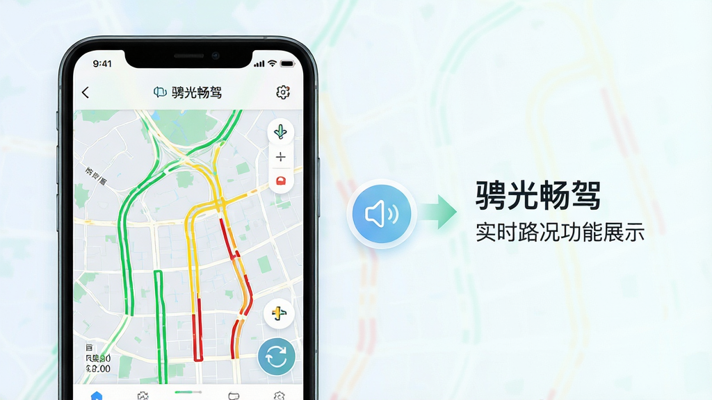 骋光畅驾实时路况功能展示图,画面以骋光畅驾应用界面为主体,屏幕显示城市地图上分布着绿色、黄色、红色的路况线条,旁边配有语音播报图标和数据刷新标识,布局为左侧手机界面右侧功能说明箭头,风格为清新浅色科技风,细节包括清晰的道路线条、颜色分明的路况标注、简洁的图标设计,画质高清,画面干净,无多余元素
