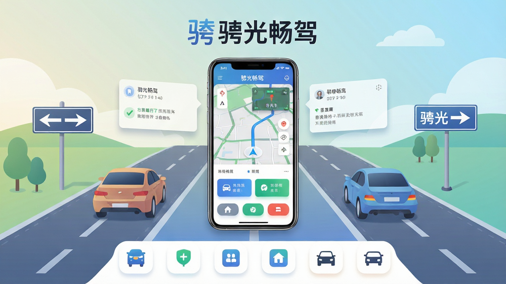 骋光畅驾软件主界面全景展示,画面中央放置一部智能手机,屏幕显示骋光畅驾应用首页,包含导航地图、路况信息卡片和功能按钮,手机周围环绕道路、汽车、路标等出行元素,整体布局采用居中构图,上方为骋光畅驾文字标识,下方为功能图标排列,风格为现代科技感扁平化设计,细节包括清晰的图标线条、柔和的渐变底色、精致的阴影层次,画质高清,画面干净,无多余元素