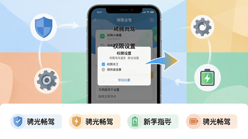 骋光畅驾新手操作指引示意图,画面以骋光畅驾手机界面为主体,屏幕显示权限设置弹窗和功能引导箭头,周围环绕盾牌、齿轮、电池等辅助图标,布局为上下结构上方为界面展示下方为要点标注,风格为简洁明快的扁平化设计,细节包括清晰的权限选项、醒目的提示文字、柔和的背景色块,画质高清,画面干净,无多余元素