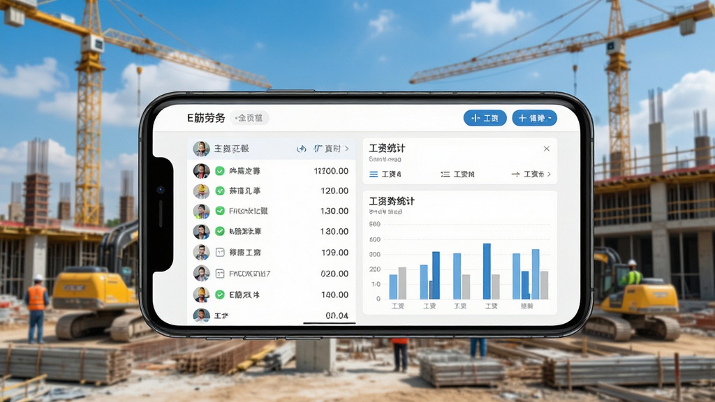 手机屏幕中展示E筋劳务记账软件主界面,画面中央是清晰的记账数据看板,显示工人列表与工资统计图表,背景是建筑工地场景,蓝天白云,风格写实,细节丰富,画质清晰,干净整洁,无多余元素