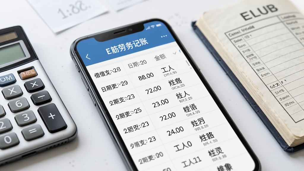 AI生成图片,主体为手机屏幕特写,展示E筋劳务记账的借支记录页面,列表清晰显示每笔借支日期、金额与工人姓名,旁边有计算器与账本元素点缀,布局简洁,风格商务,细节丰富,画质清晰,干净无多余元素