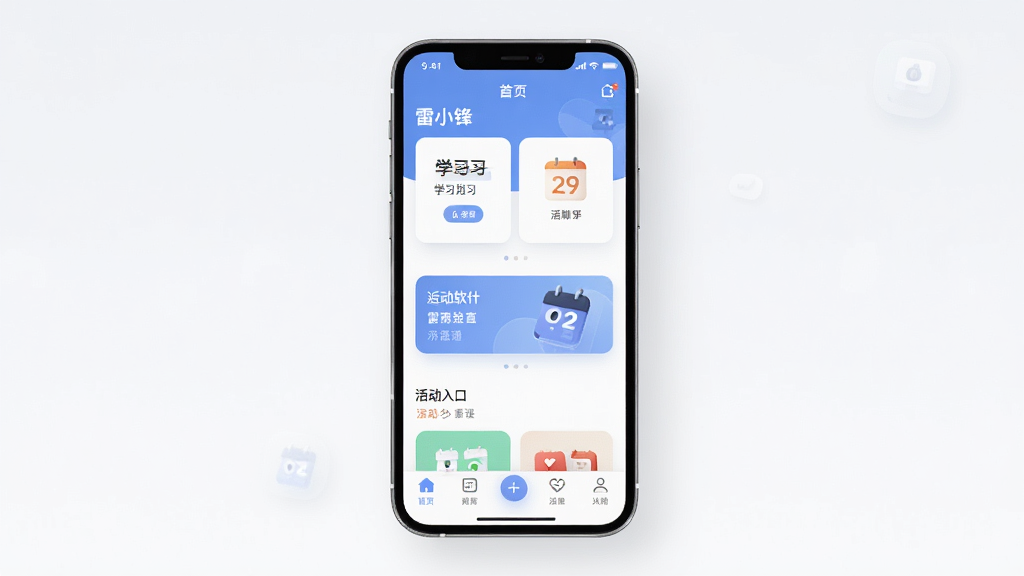一张展示雷小锋软件主界面的预览图,画面中央是手机屏幕,屏幕内显示雷小锋应用的首页布局,包含学习卡片、活动入口和底部导航栏,主体突出,布局居中,排版简洁,风格清新现代,细节上带有柔和阴影和圆角图标,画质清晰,干净,无多余元素