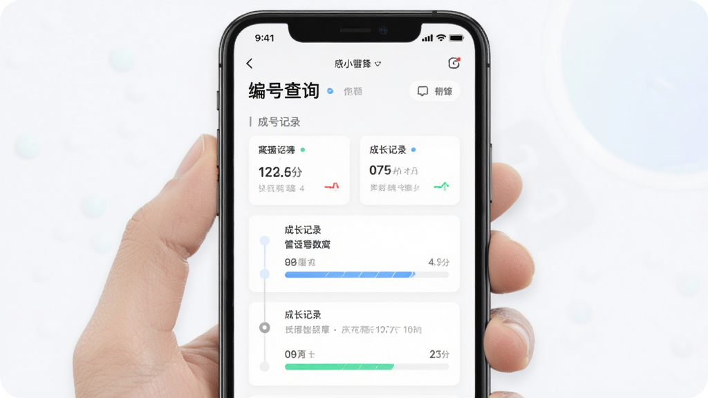 一张展示雷小锋成长记录与编号管理功能的预览图,画面以手机界面为主体,屏幕内呈现编号查询结果和成长记录时间线,主体居中,布局整齐,排版清晰,风格简约明亮,细节上突出数据卡片与进度条,画质清晰,干净,无多余元素