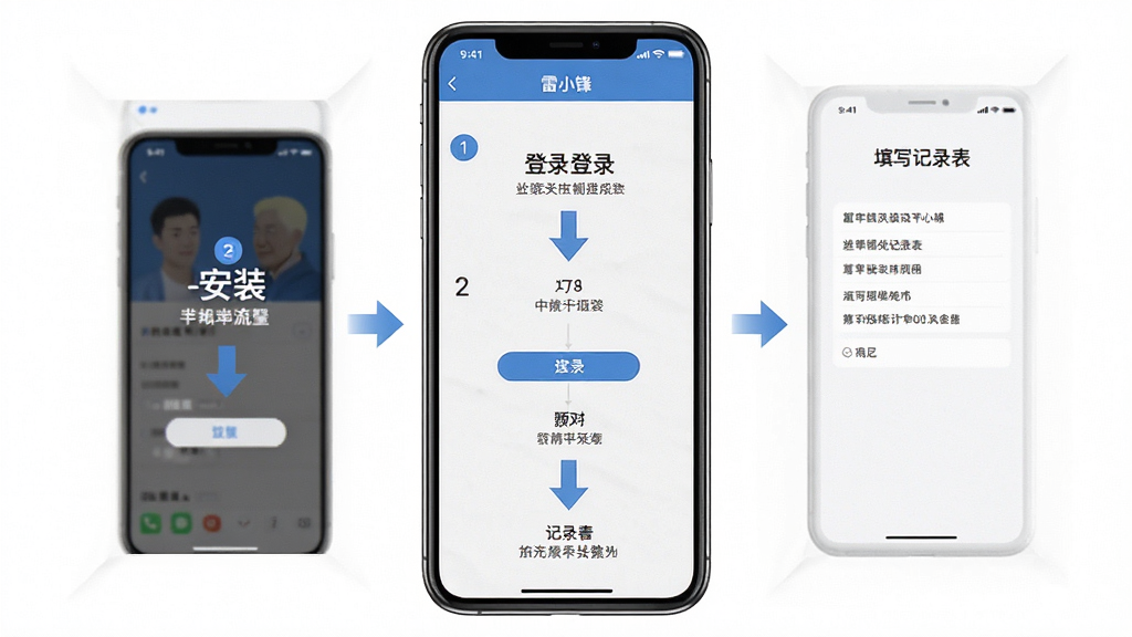 一张展示雷小锋在手机端操作流程的预览图,画面以手机屏幕为中心,屏幕内显示从安装到登录再到填写记录表的连续步骤,主体突出,布局纵向排列,排版清晰,风格简洁直观,细节上带有步骤序号和箭头引导,画质清晰,干净,无多余元素