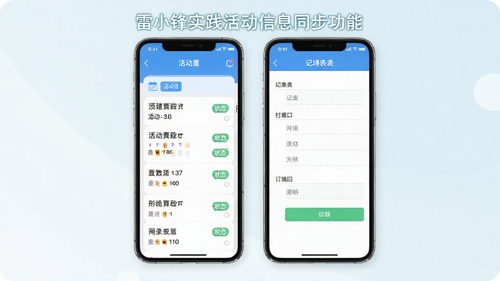 一张展示雷小锋实践活动信息同步功能的预览图,画面中手机屏幕显示活动列表和记录表填写界面,主体在中央,布局分栏,排版规整,风格清爽明快,细节上带有日历图标和状态标签,画质清晰,干净,无多余元素