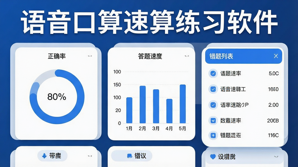 一张展示语音口算速算练习软件成绩统计页面的界面图,画面中央为数据面板,包含正确率环形图、答题速度柱状图和错题列表,布局采用卡片式网格排列,风格简约商务,细节包括蓝色主色调、清晰数字标签和圆角边框,画质高清干净无多余元素,画面中文字“语音口算速算练习软件”出现在页面标题位置