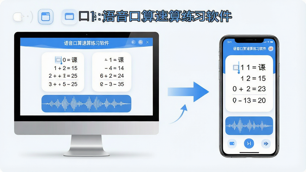 一张展示语音口算速算练习软件在电脑和手机上同时运行的场景图,画面左侧为电脑屏幕显示口算题目和语音波形,右侧为手机屏幕显示相同界面,中间有箭头表示数据同步,布局采用左右对比,风格清爽素雅,细节包括蓝色和白色主色调、圆角图标和清晰文字,画质高清干净无多余元素,画面中文字“语音口算速算练习软件”出现在两个设备屏幕上方