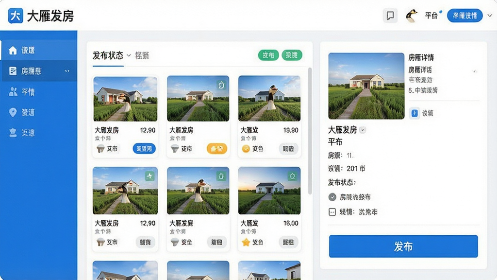 一张展示大雁发房软件主界面的图片,画面中央是软件操作面板,左侧为房源列表区域,右侧为房源详情与发布按钮,整体布局清晰整洁,采用现代商务风格,蓝白配色为主,界面中显示“大雁发房”文字标识,细节包括房源卡片、发布状态标签、平台图标等元素,画质高清,画面干净,无多余元素