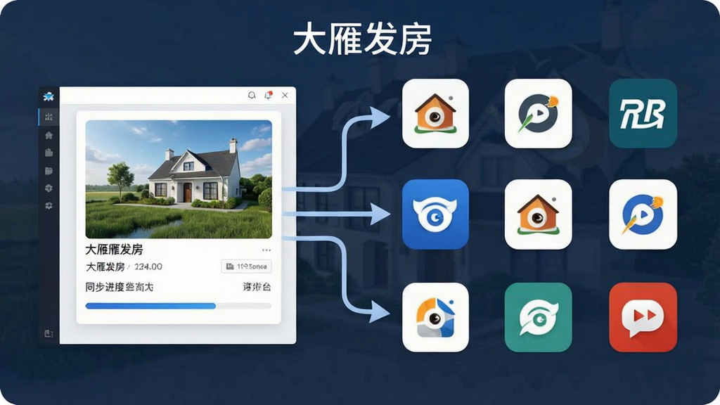 一张展示大雁发房多平台同步发布功能的示意图,画面主体为软件界面中一套房源信息通过箭头同时指向多个房产平台图标,布局为左侧房源卡片、右侧多个平台logo排列,风格简洁商务,细节包括房源缩略图、平台图标、同步进度条,画面中标注“大雁发房”字样,画质清晰,干净整洁,无多余元素