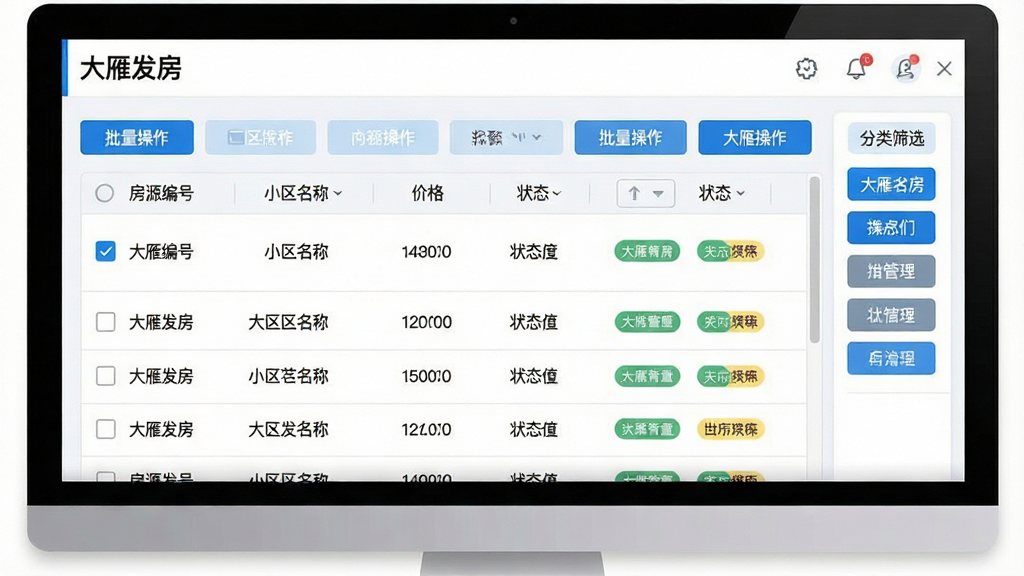 一张展示大雁发房房源批量管理功能的界面图,画面中央为表格形式的房源列表,包含房源编号、小区名称、价格、状态等列,顶部有批量操作按钮,右侧有分类筛选标签,整体采用浅色背景与蓝色高亮,风格清爽简约,界面中显示“大雁发房”文字,细节包括勾选框、操作按钮、状态标签,画质高清,画面干净,无多余元素