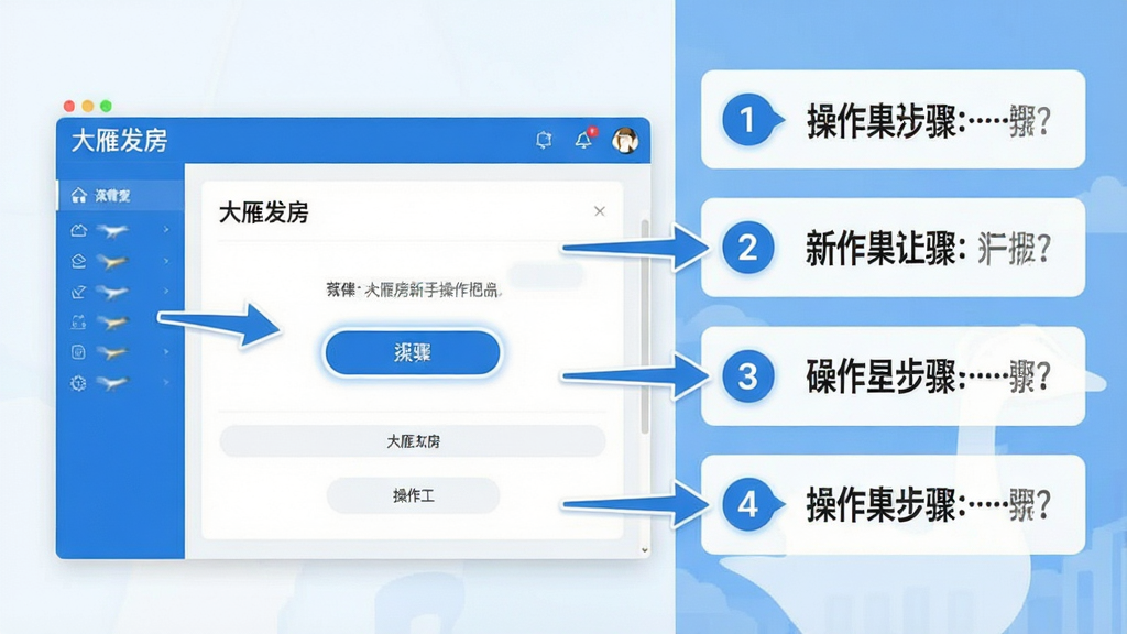 一张展示大雁发房新手操作指引的图片,画面主体为软件界面截图与操作步骤标注,布局为左侧软件界面、右侧步骤说明文字,风格简洁明了,配色以蓝白为主,界面中标注“大雁发房”,细节包括箭头指示、步骤编号、高亮按钮,画质清晰,画面干净,无多余元素