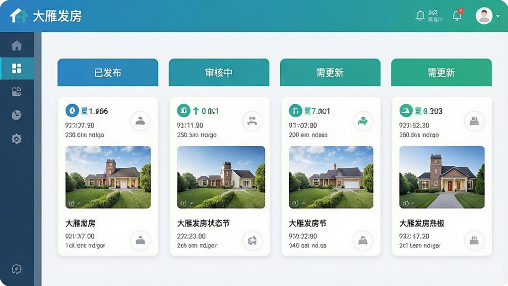 一张展示大雁发房房源状态跟踪面板的图片,画面主体为软件界面中的状态看板,包含已发布、审核中、需更新等状态列,每列下方有对应的房源卡片,布局为横向看板形式,风格现代简洁,配色以蓝绿为主,界面中标注“大雁发房”,细节包括状态图标、时间戳、房源缩略图,画质清晰,干净无多余元素