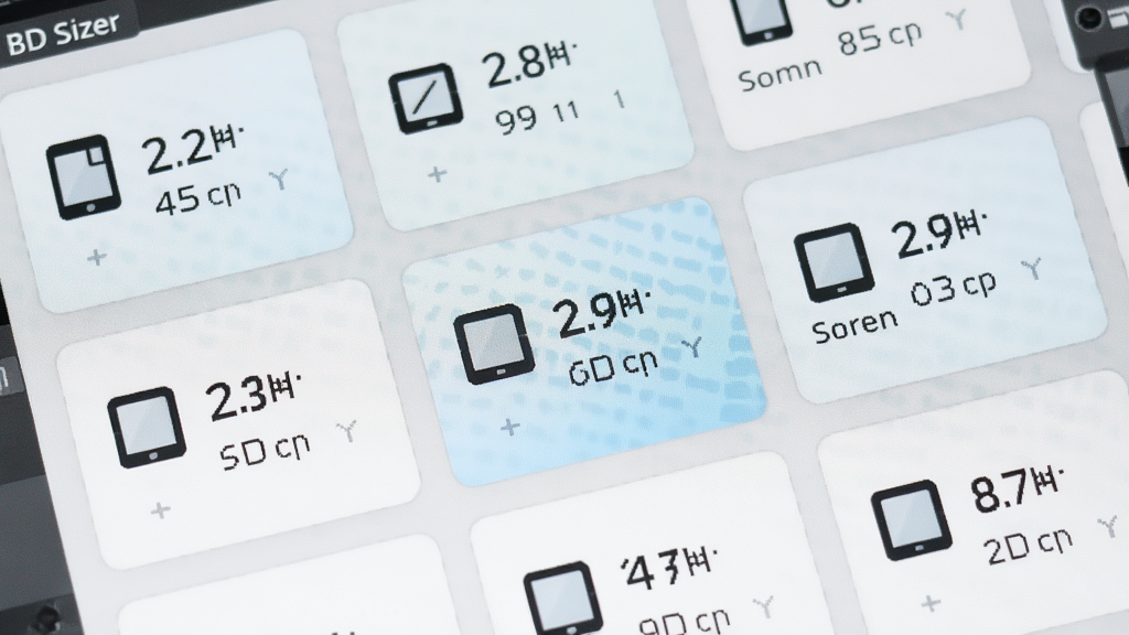 软件名称 BD Sizer 预设尺寸面板特写,主体为多个尺寸卡片排列,布局为网格状分布,排版整齐有序,风格为清新浅色系,细节包含设备图标、分辨率数字标注、选中高亮状态,画质高清干净,无多余元素