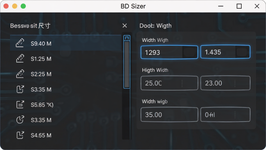 软件名称 BD Sizer 主界面,主体为居中显示的窗口尺寸调节面板,布局左侧为预设尺寸列表,右侧为自定义宽高输入区,排版简洁清晰,风格为现代扁平化科技风,细节包含刻度尺图标、窗口边框高亮示意、尺寸数值标注,画质高清干净,无多余元素
