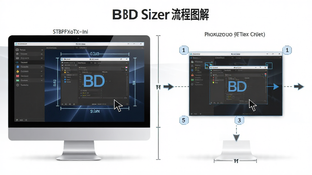 软件名称 BD Sizer 操作流程图解,主体为电脑屏幕显示软件界面和窗口调整示意,布局为左右分屏,左侧为软件操作面板,右侧为目标窗口调整前后对比,排版清晰,风格为写实科技风,细节包含鼠标指针、尺寸标注线、步骤序号,画质高清干净,无多余元素