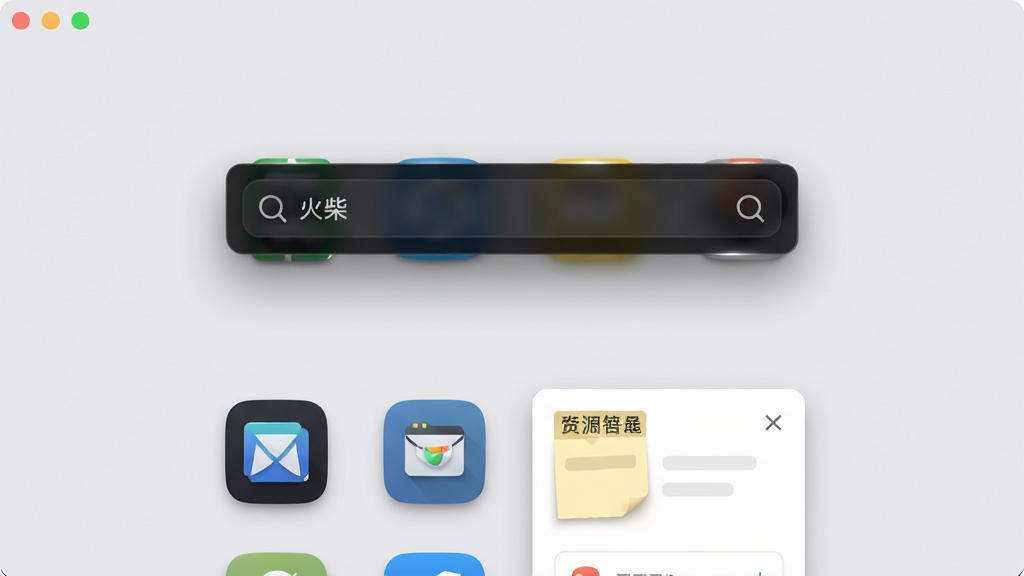 软件「火柴」主界面预览图,画面中央展示一个简洁的深色半透明悬浮搜索框,搜索框下方排列着常用应用图标与便签卡片,背景是干净的浅灰色桌面壁纸,布局为居中对称式,风格偏向现代极简商务,细节上体现图标边缘的细微高光与投影,画质为2K高清,干净,无多余元素