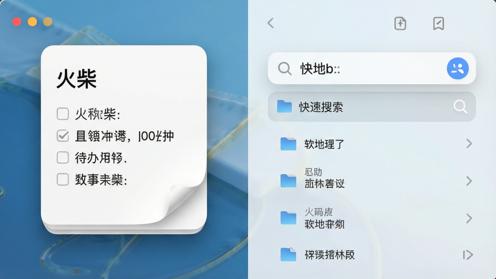 软件「火柴」功能展示图,画面左侧是一个悬浮便签窗口,便签上写着“火柴”字样与几条待办事项,右侧展示快速搜索框正在匹配本地文件,整体布局为左右分栏,风格清新简洁,细节上体现便签纸张的柔和阴影与搜索框的磨砂玻璃质感,画质为高清,干净,无多余元素