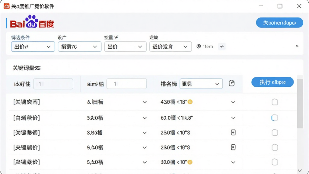 小鹿百度推广竞价软件批量出价功能界面,主体为软件中的关键词批量操作窗口,布局为上方筛选条件栏加下方关键词列表,排版紧凑有序,风格为清爽浅色科技风,细节包括出价输入框、排名目标设定、执行按钮,画质高清,画面干净,无多余元素