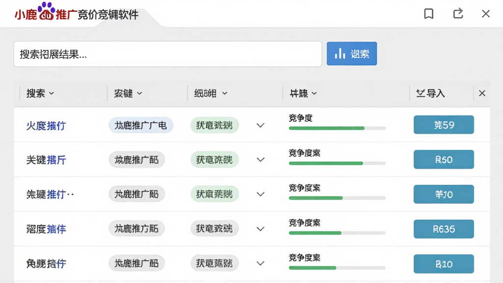 小鹿百度推广竞价软件关键词挖掘工具界面,主体为软件中的关键词拓展结果列表,布局为上方搜索输入框加下方关键词表格,排版规整,风格为浅灰质感专业风,细节包括关键词标签、竞争度进度条、导入按钮,画质高清,画面干净,无多余元素